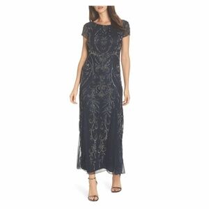 Pisarro Nights Navy Blue Embellished Mesh Beaded Women's Wedding Gown Dress